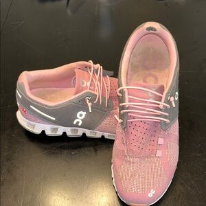 On Running Pink and Gray Athletic Shoes